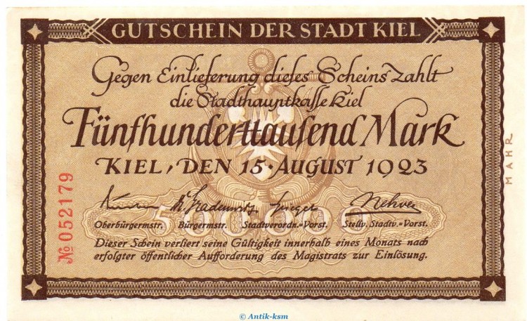 Banknote Stadt Kiel , 500.000 Mark Schein in kfr. Keller 2614.e von 1923 , Schleswig Holstein Großnotgeld Inflation