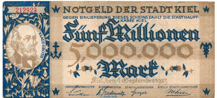 Banknote Stadt Kiel , 5 Millionen Mark Schippen in gbr. Keller 2614.h von 1923 , Schleswig Holstein Großnotgeld Inflation
