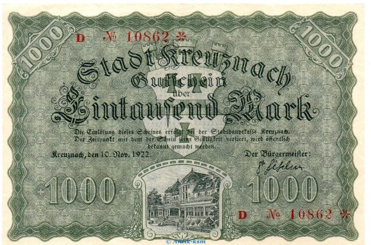 Banknote Stadt Kreuznach , 1.000 Mark Schein in kfr. Müller 2495.1.e von 1922 Rheinland Großnotgeld Inflation