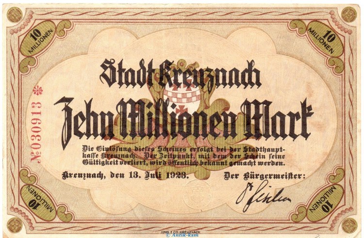 Banknote Stadt Kreuznach , 10 Millionen Mark Schein in L-gbr. Keller 2812.d von 1923 Rheinland Grossnotgeld Inflation