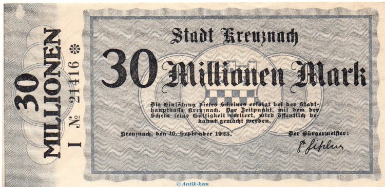 Banknote Stadt Kreuznach , 30 Millionen Mark Schein in L-gbr. Keller 2812.h von 1923 Rheinland Grossnotgeld Inflation