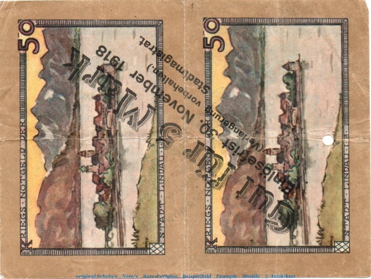 Banknote Stadt Lindau i.B. 5 Mark Schein in gbr.E , Geiger 321.01 o.D. Bayern Großnotgeld