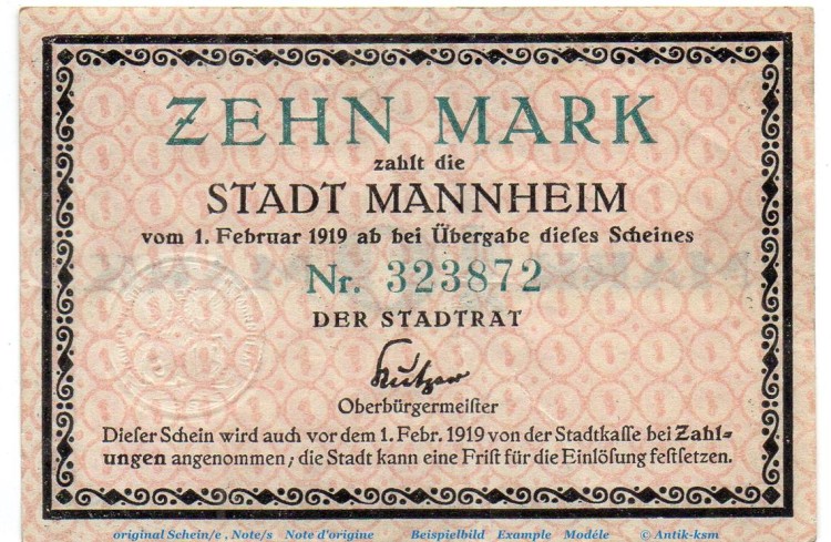 Banknote Stadt Mannheim , 10 Mark nicht entwertet in gbr. Geiger 343.02.a , o.D. Baden Großnotgeld