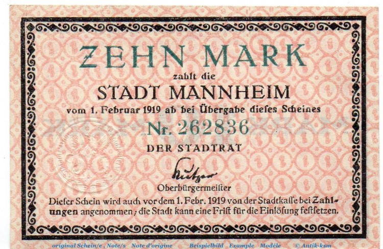 Banknote Stadt Mannheim , 10 Mark nicht entwertet in kfr. Geiger 343.02.a , o.D. Baden Großnotgeld