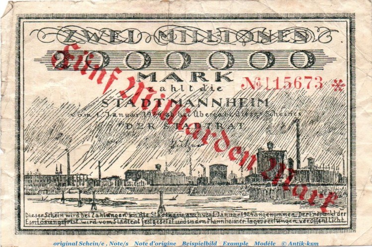 Banknote Stadt Mannheim , Überdruck 5 Milliarden Mark in gbr. Keller 3427.c von 1923 , Baden Inflation