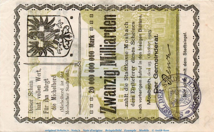 Banknote Stadt Mosbach , 20 Milliarden Mark Schein in kfr. Keller 3606.d von 1923 , Baden Inflation
