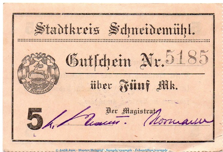 Banknote Stadt Schneidemühl , 5 Mark Schein in f-kfr. Geiger 480.1 o.D. , Posen Grossnotgeld