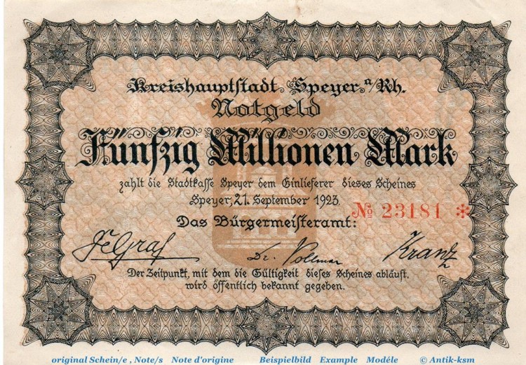 Banknote Stadt Speyer , 50 Millionen Mark Schein in gbr. Keller 4834.o , von 1923 , Pfalz Inflation
