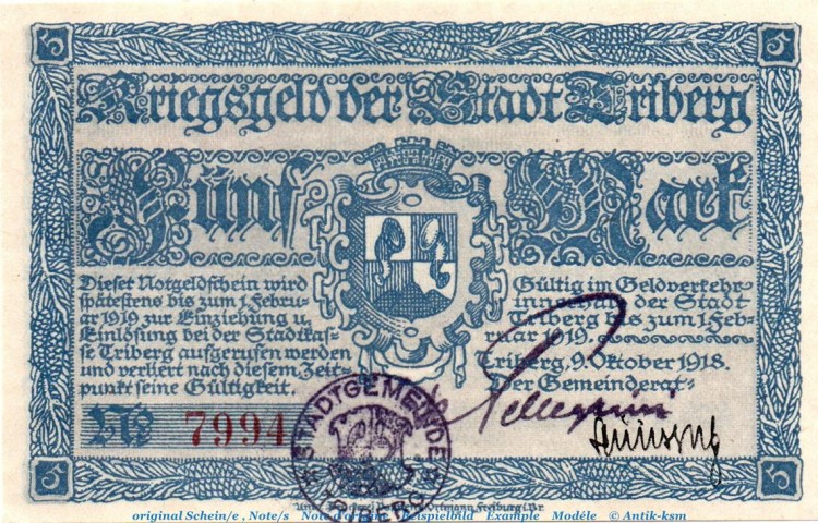 Banknote Stadt Triberg , 5 Mark Schein in kfr.E Geiger 522.01 von 1918 , Baden Großnotgeld