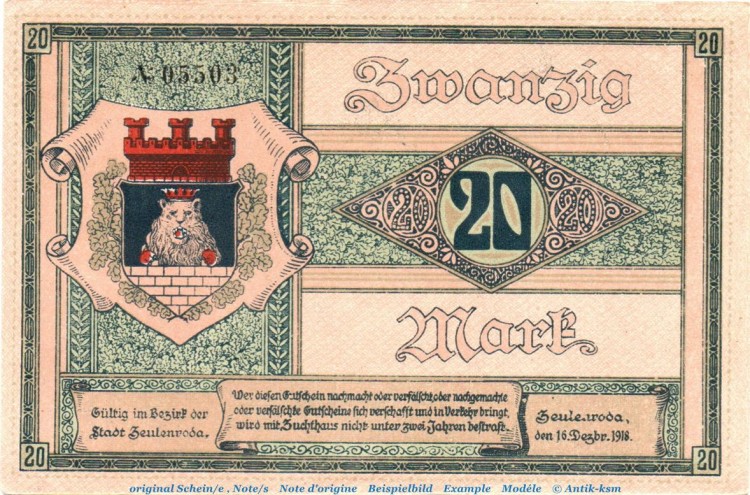 Banknote Stadt Zeulenroda , 20 Mark Schein in kfr. Geiger 576.08 , von 1918 , Thüringen Inflation