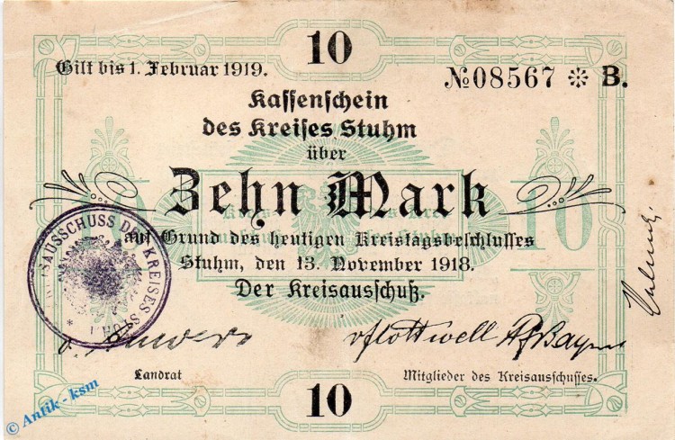 Banknote Stuhm , 10 Mark Schein in gbr. E , Geiger 514.02 , 13.11.1918 , Westpreussen Großnotgeld