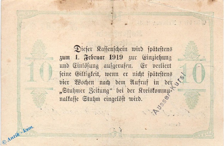 Banknote Stuhm , 10 Mark Schein in gbr. E , Geiger 514.02 , 13.11.1918 , Westpreussen Großnotgeld