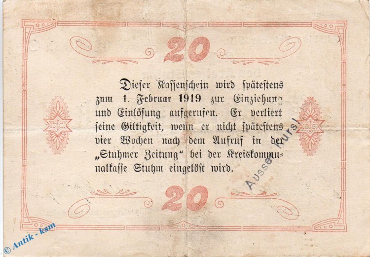 Banknote Stuhm , 20 Mark Schein in gbr. E , Geiger 514.03 , 13.11.1918 , Westpreussen Großnotgeld