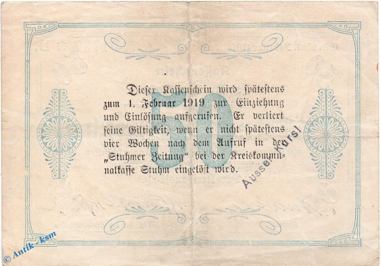 Banknote Stuhm , 50 Mark Schein in gbr. E , Geiger 514.04 , 13.11.1918 , Westpreussen Großnotgeld