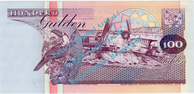 Banknote Suriname , 100 Gulden Schein -Bankgebäude- von 1998 in unc - kfr