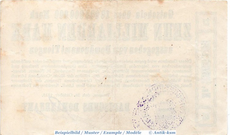 Banknote Tiengen , Domänenamt , 10 Milliarden Mark Schein in gbr. Keller 5171.c , 26.10.1923 , Baden Großnotgeld Inflation