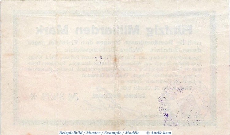 Banknote Tiengen , Domänenamt , 50 Milliarden Mark Schein in gbr. Keller 5171.c , 26.10.1923 , Baden Großnotgeld Inflation