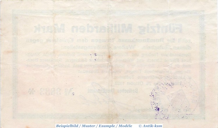 Banknote Tiengen , Domänenamt , 50 Milliarden Mark Schein in gbr. Keller 5171.c , 26.10.1923 , Baden Großnotgeld Inflation