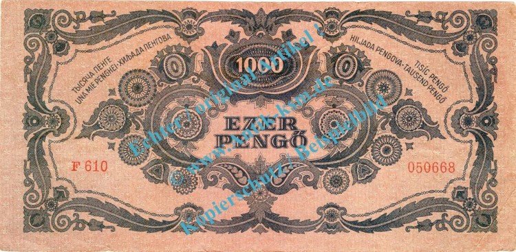 Banknote Ungarn - Hungary , 1.000 Pengo Schein von 1945 in L-cir , L-gbr