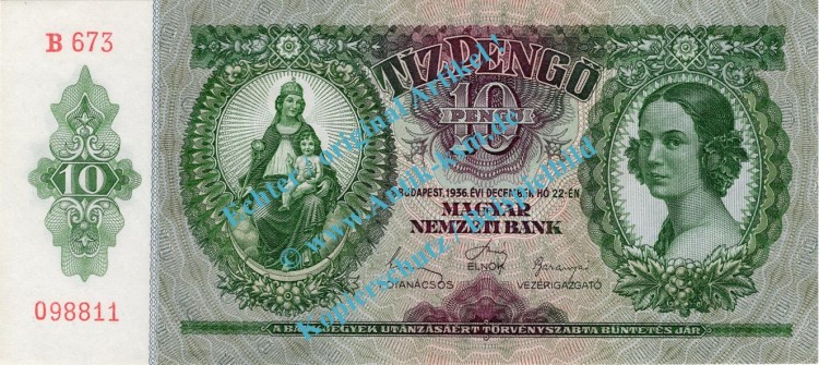Banknote Ungarn - Hungary , 10 Pengo Schein -Patrona Hungariae- von 1936 in unc,kfr