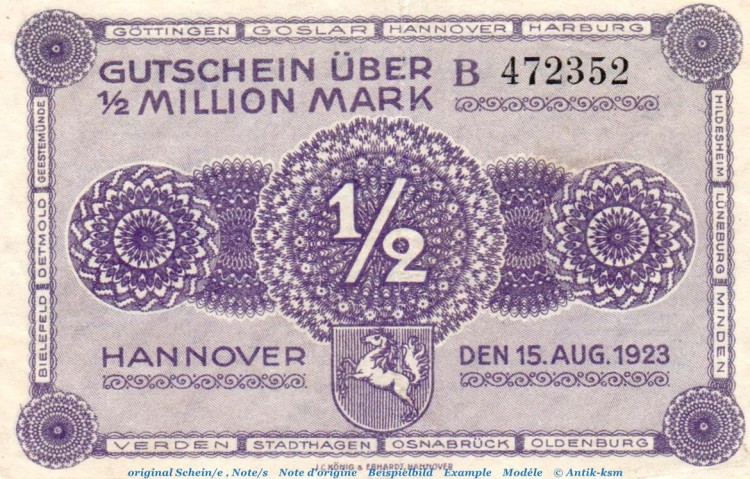 Banknote Ver. Handelskammer Hannover , halbe Million Mark Schein -B- in gbr. Keller 2169.b , von 1923 , Niedersachsen Inflation