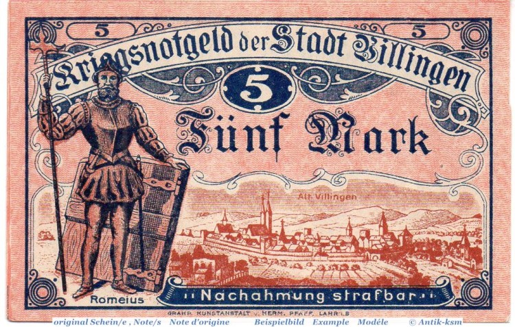 Banknote Villingen , 5 Mark Schein in kfr. Geiger 537.01 , 15.11.1918 , Baden Großnotgeld