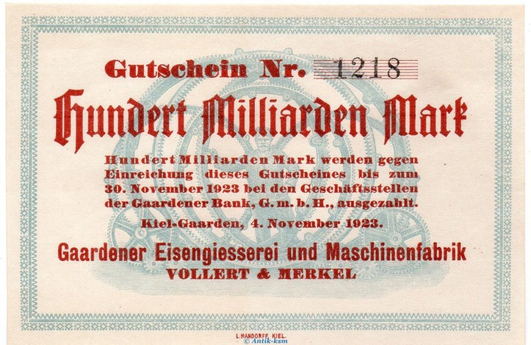 Banknote Vollert + Merkel Kiel-Gaarden , 100 Milliarden Mark Schein in kfr. Keller 2639. von 1923 , Schleswig Holstein Großnotgeld Inflation