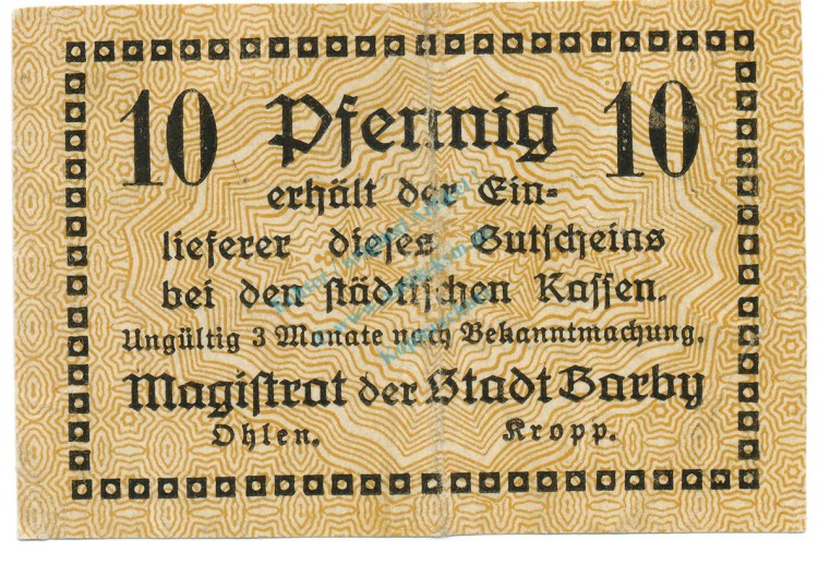 Barby , Notgeld 10 Pfennig Schein gbr. Ti.0320.10.06 S 1920 Verkehrsausgabe -4252-