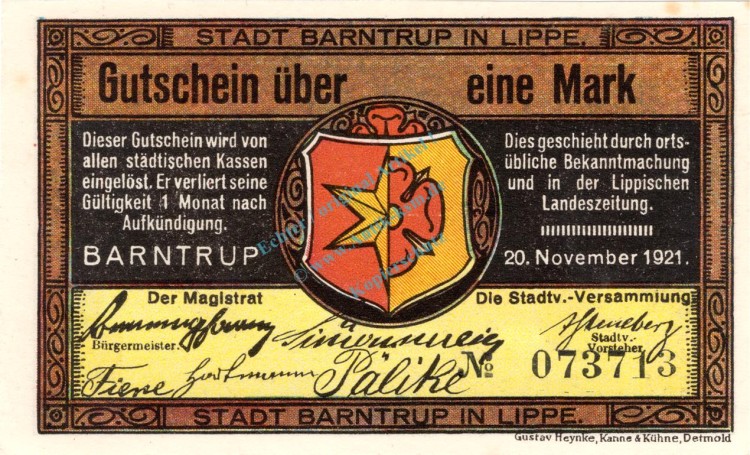 Barntrup , Notgeld 1 Mark Schein -übersdruß- unc-kfr. M-G 66.1.F , Westfalen 1921 Seriennotgeld