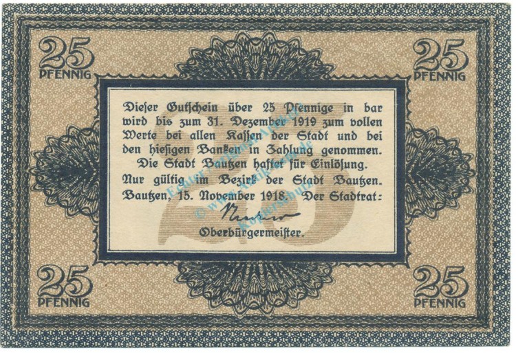 Bautzen , Notgeld 25 Pfennig Schein unc-kfr. Ti.0360.20.15 , S 1918 Verkehrsausgabe -4224-