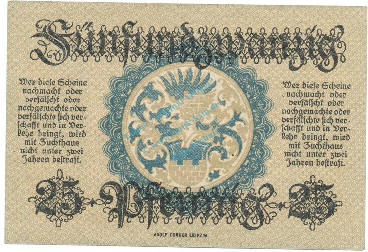 Bautzen , Notgeld 25 Pfennig Schein unc-kfr. Ti.0360.20.15 , S 1918 Verkehrsausgabe -4224-