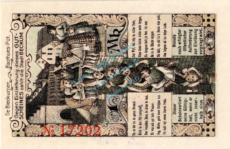 Beckum , Banknote 1 Mark Schein unc-kfr. Geiger 035.01.a , Westfalen 1918 Grossnotgeld