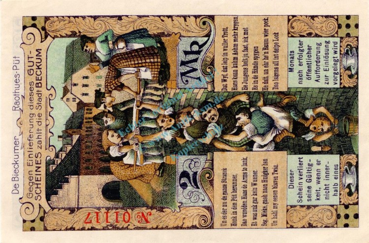 Beckum , Banknote 2 Mark Schein unc-kfr. Geiger 035.03 , Westfalen 1918 Grossnotgeld