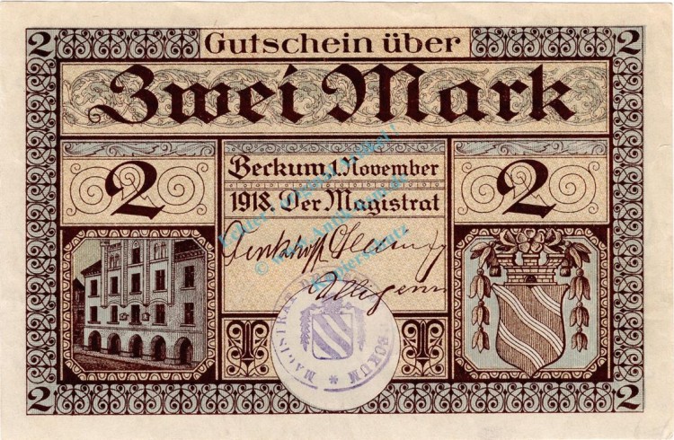 Beckum , Banknote 2 Mark Schein unc-kfr. Geiger 035.04.a , Westfalen 1918 Grossnotgeld