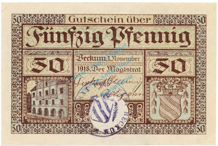 Beckum , Notgeld 50 Pfennig Schein unc-kfr. Ti.0370.10.01.c NRW 1918 Verkehrsausgabe -4247-