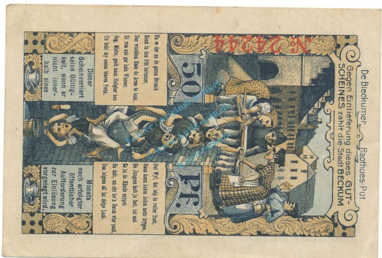 Beckum , Notgeld 50 Pfennig Schein unc-kfr. Ti.0370.10.01.c NRW 1918 Verkehrsausgabe -4247-