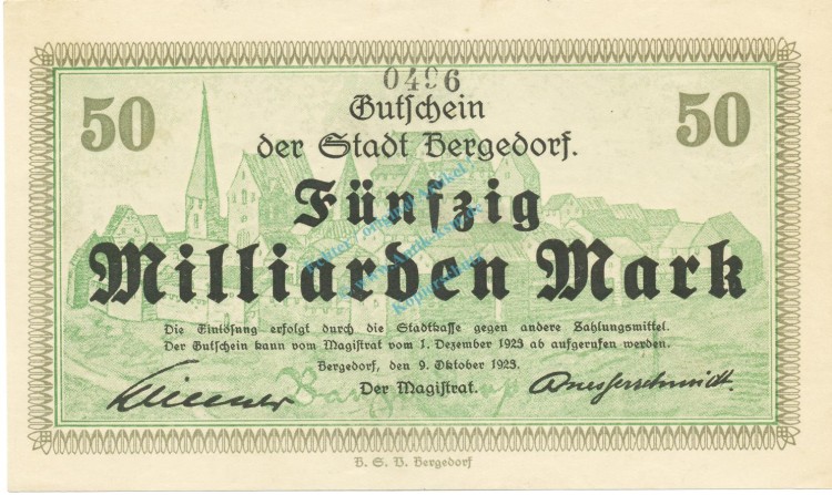 Bergedorf , Banknote 50 Milliarden Mark Schein unc-kfr. Keller 315.h , Hamburg 1923 Inflation
