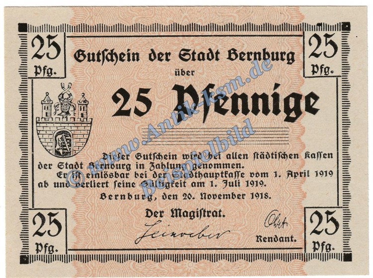 Bernburg , 25 Pfennig MUSTER-Schein in kfr.Tieste 0520.15.01.M , Anhalt 1918 Verkehrsausgabe
