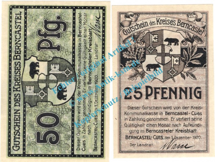 Berncastel Cues, Notgeld Set mit 2 Scheinen in kfr. Tieste 0530.05.05-06 , Rheinland 1920 Verkehrsausgabe