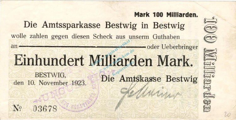 Bestwig , Banknote 100 Milliarden Mark Schein gbr.E Keller 386.d , Westfalen 1923 Inflation