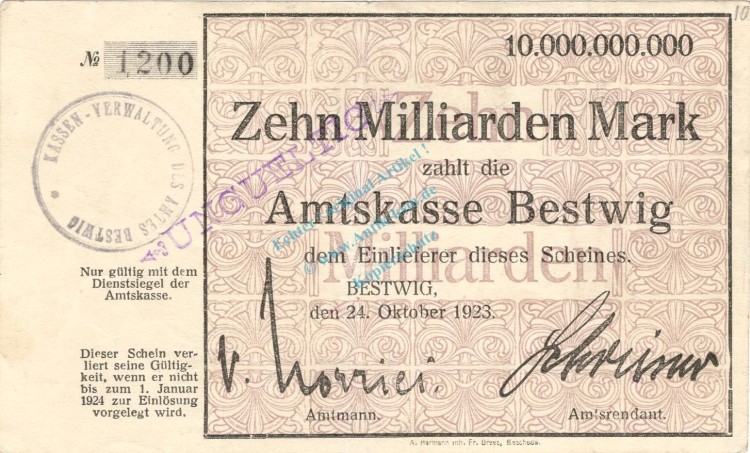 Bestwig , Banknote 10 Milliarden Mark Schein gbr.E Keller 386.c , Westfalen 1923 Inflation