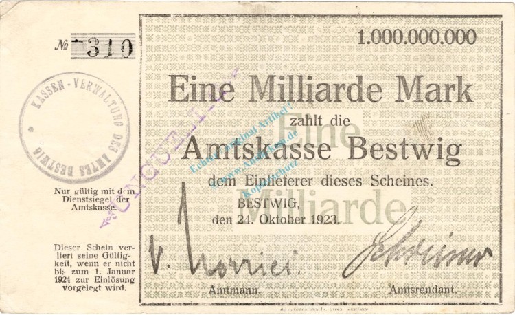 Bestwig , Banknote 1 Milliarde Mark Schein gbr.E Keller 386.a , Westfalen 1923 Inflation