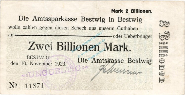Bestwig , Banknote 2 Billionen Mark Schein gbr.E Keller 386.d , Westfalen 1923 Inflation