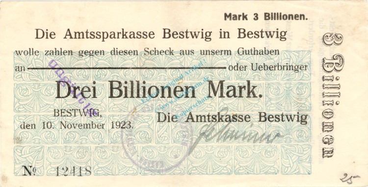 Bestwig , Banknote 3 Billionen Mark Schein unc-kfr.E Keller 386.e , Westfalen 1923 Inflation
