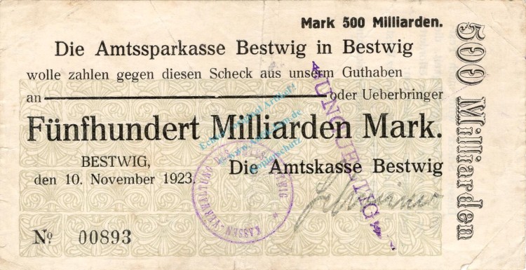 Bestwig , Banknote 500 Milliarden Mark Schein gbr.E Keller 386.d , Westfalen 1923 Inflation