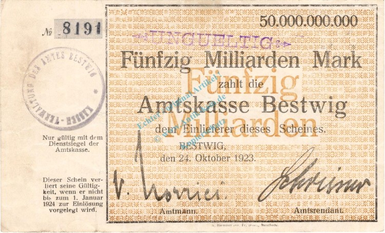 Bestwig , Banknote 50 Milliarden Mark Schein gbr.E Keller 386.b , Westfalen 1923 Inflation