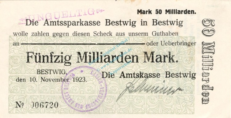 Bestwig , Banknote 50 Milliarden Mark Schein unc-kfr.E Keller 386.d , Westfalen 1923 Inflation