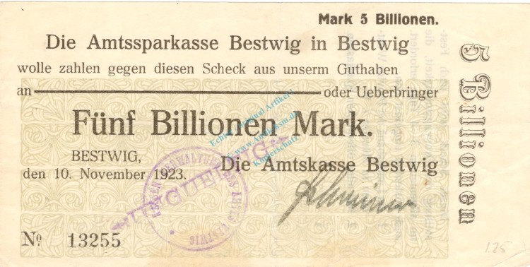 Bestwig , Banknote 5 Billionen Mark Schein L-gbr.E Keller 386.e , Westfalen 1923 Inflation