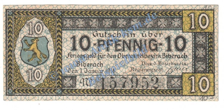 Biberach , Notgeld 10 Pfennig Schein in kfr. Tieste 0600.05.06 Württemberg 1918 Verkehrsausgabe