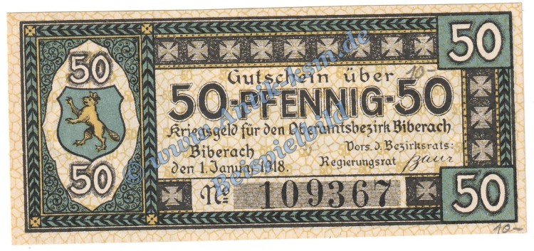 Biberach , Notgeld 50 Pfennig Schein in kfr. Tieste 0600.05.06 Württemberg 1918 Verkehrsausgabe